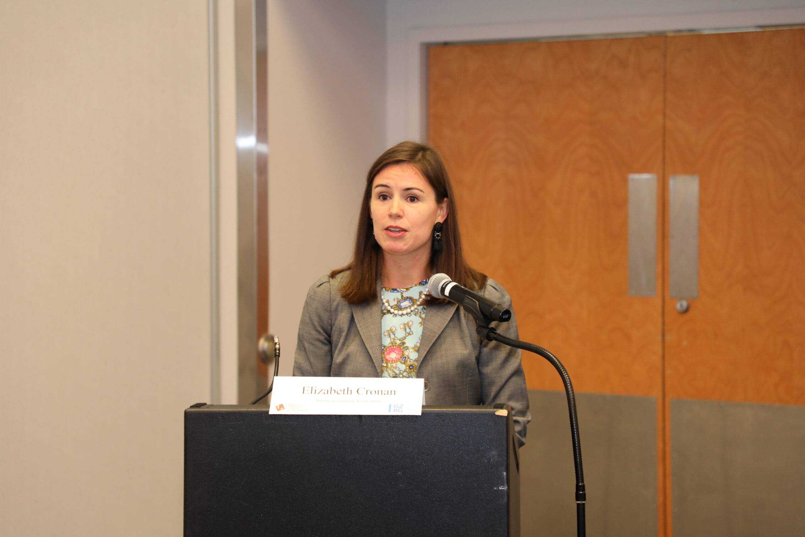 A woman stands at a podium speaking into a microphone. She is wearing a gray blazer and a light blue blouse. The podium has a sign with the name "Elizabeth Cronin." Two closed wooden doors are visible in the background.