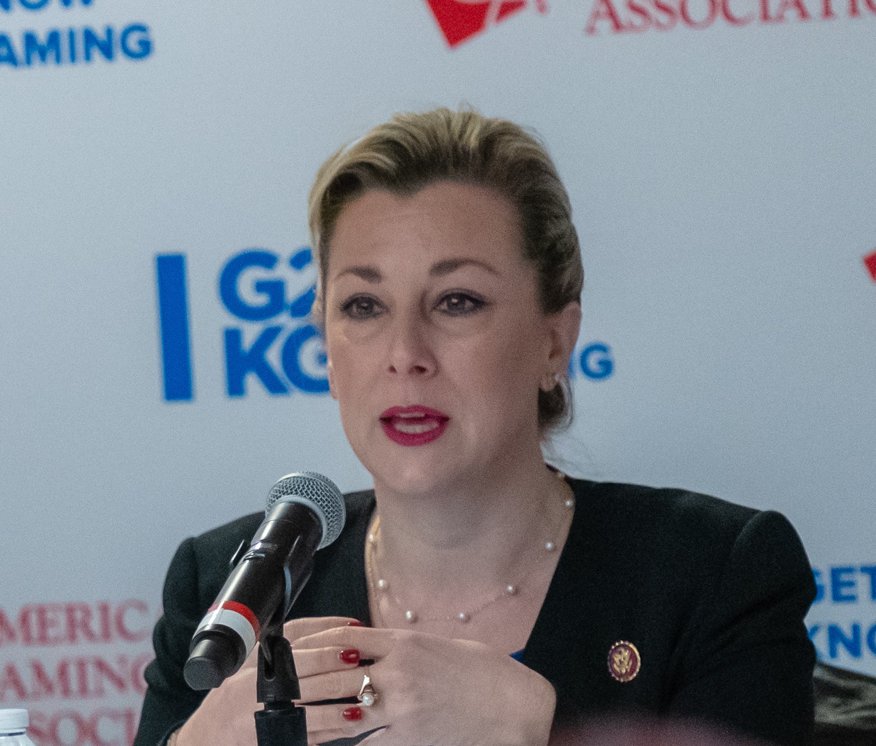 A woman is speaking into a microphone at a conference or panel. She is seated in front of a backdrop with logos and text. She is wearing a dark blazer and a necklace, gesturing with her hands.