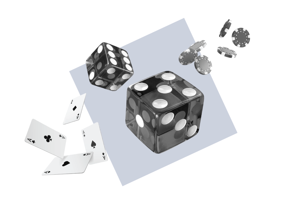 A graphic showing floating dice, playing cards, and poker chips over a blue square with a dotted background. The dice have visible pips, and the cards include the club and spade suits.