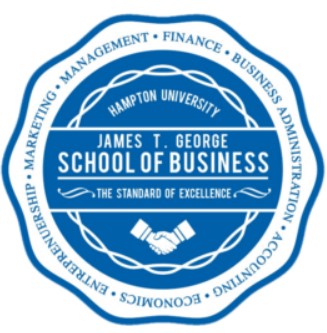 Seal of the James T. George School of Business at Hampton University. Blue and white design with a handshake at the center. Surrounding text: "Management, Finance, Business Administration, Accounting, Economics, Entrepreneurship, Marketing.