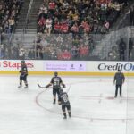 Hockey players in black and gold uniforms are on the ice during a game. Spectators fill the stands behind them, some wearing red and others black. Advertising boards along the rink display brand names like Staples and Credit One.