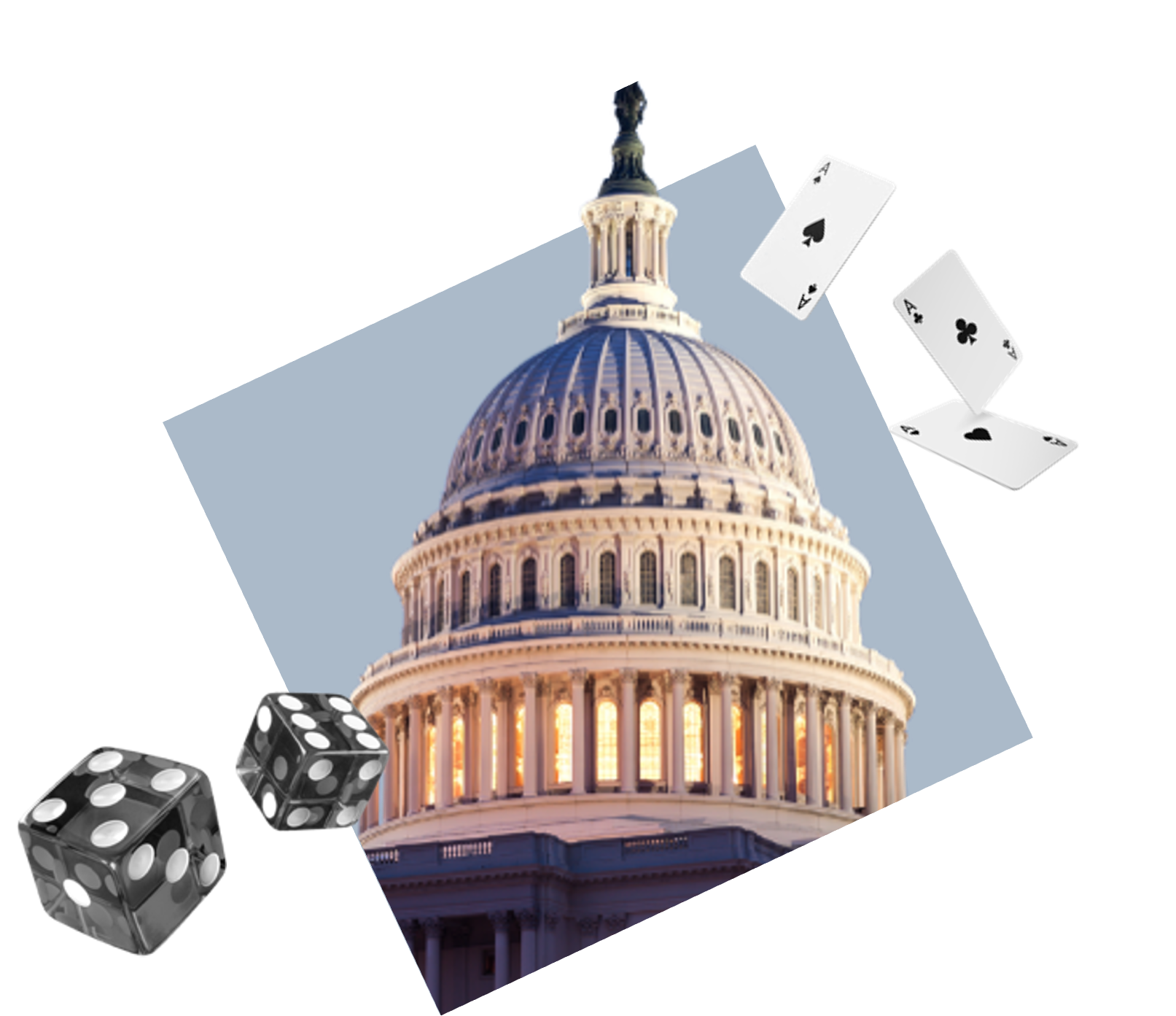 The U.S. Capitol dome with two floating dice and playing cards, symbolizing a connection between politics and gambling or chance.