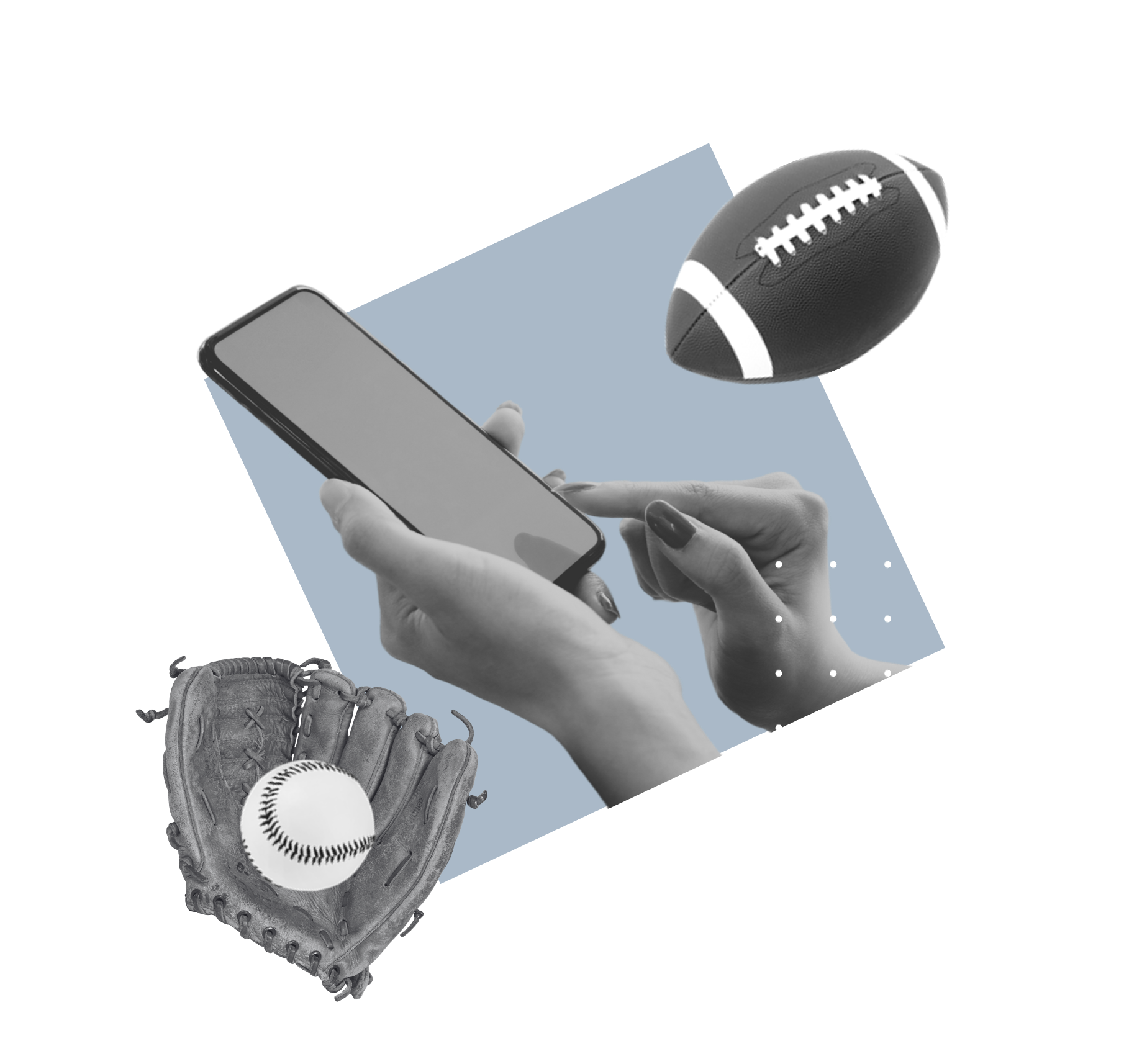 A person uses a smartphone; a baseball in a glove and an American football float nearby, set against a blue geometric shape on a white background.