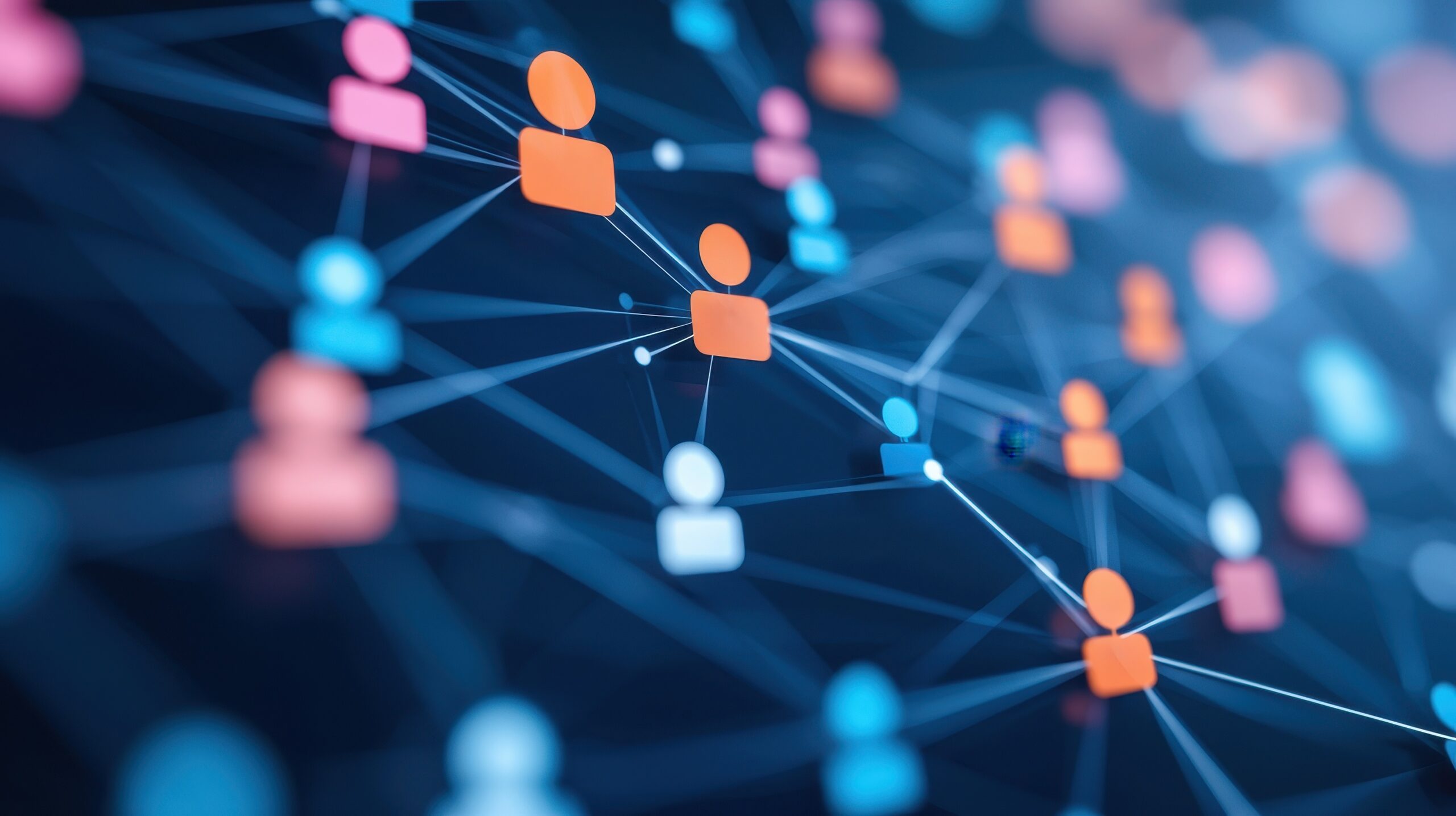 A digital illustration of a network, showing colored human icons connected by lines on a dark background, symbolizing social or business connections and data sharing in prediction markets or sports event contracts.